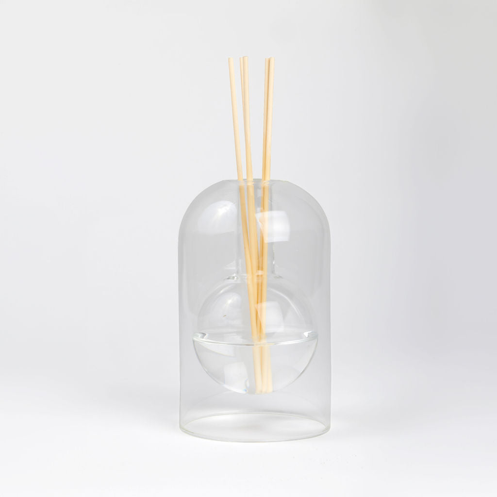 Clear glass diffuser with wooden sticks on a white background