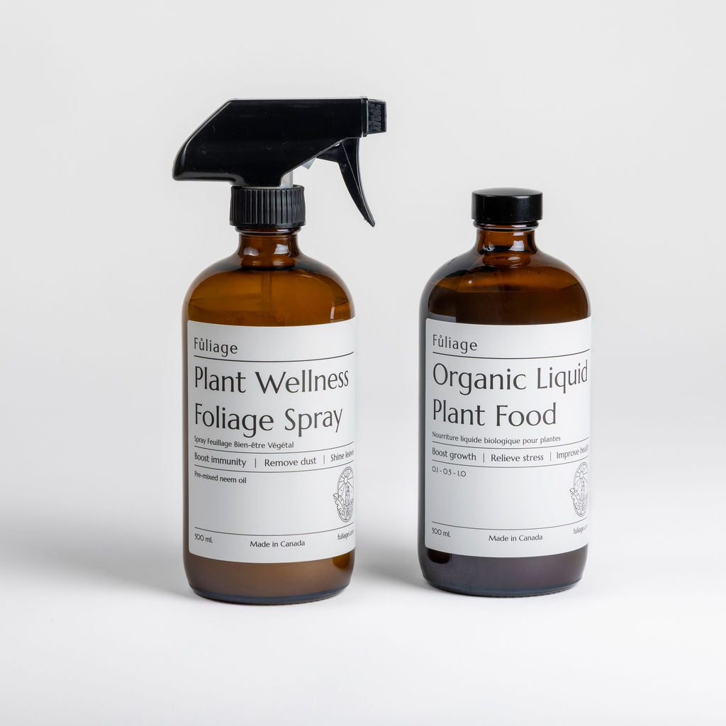 Fuliage Plant Wellness Foliage Spray and Organic Liquid Plant Food 500ml amber glass bottles Canadian made neem oil kelp fertilizer Maison Botanical Canada