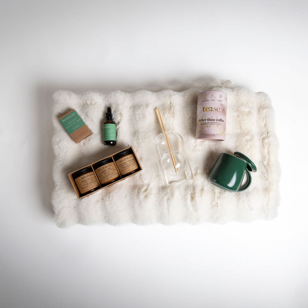 Maison Botanical home and ritual collection Soja Co soy candle gift set car diffuser Tease Better Than Coffee tea smart heated mug styled on faux fur throw Canada