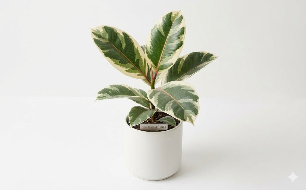 Ficus Rubber Tineke — Ficus Elastica Tineke variegated rubber plant cream pink blush leaves upright indoor plant Canada